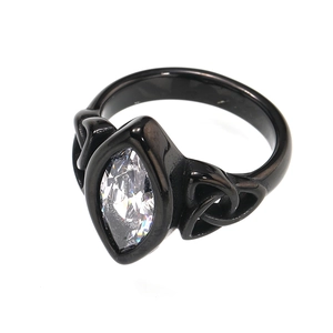 Detail of black plated ring with marquise-cut zircon and Celtic knot hollow design