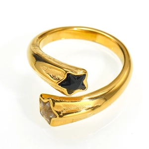 Detailed macro of 18K gold ring featuring black and white zircon star accents