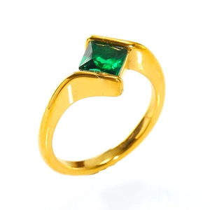 Minimalist 18K gold stainless steel ring with square green zircon in mirror finish