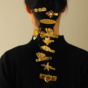 Vintage Marine Style Gold Metal Hair Clips For Women Starfish Shell Ginkgo Leaf Flower Design Artificial Pearl Hair Accessories