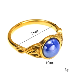 Vintage gold hollow-out titanium steel ring with round blue gemstone and detailed sizing
