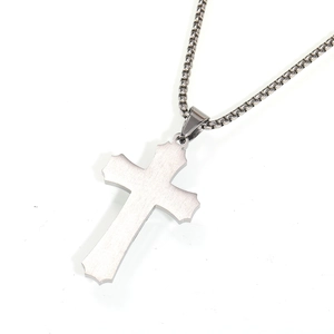 Brushed titanium steel triple cross pendant with zircon on a box chain for men