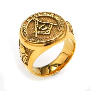 Bague maçonnique punk plaquée or pour hommes avec totem franc-maçon et bouclier gravé