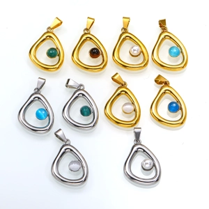 Franse Stijl Roestvrij Staal Onregelmatige Holle Hanger Halsketting Met Kattenoogsteen Kunstparel Elegante Sieraden Voor Vrouwen