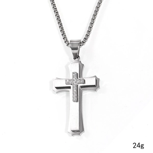 Three-layer punk stainless steel cross pendant necklace with sparkling cubic zirconia