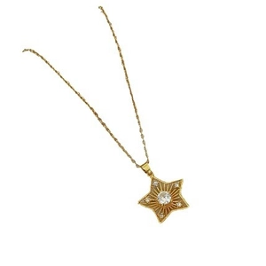 Elegant gold star pendant necklace with central zircon and textured engraving on white background