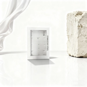 Elegant white jewelry gift box with transparent window and stainless steel text