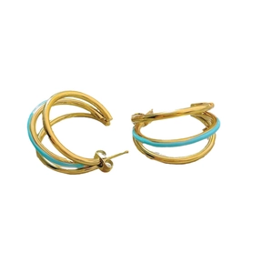 Three-layer C-shaped hoop earrings in gold and mint blue enamel for a modern look