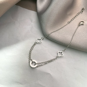Titanstahl Hohl Vierblättriges Kleeblatt Fußkettchen Mit LOVE Buchstaben Ring Doppellagig Damen Strand Schmuck Geschenk