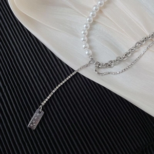 Stainless Steel Splicing Necklace For Women Faux Artificial Pearl Rhinestone Chain Ruler Scale Pendant Industrial Fashion Jewelry