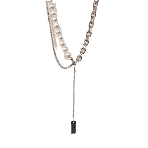 Hip hop titanium necklace featuring mixed pearl chains and a silver ruler pendant
