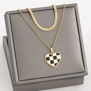 Stainless Steel Double Layer Necklace For Women Heart Checkerboard Pendant Snake Chain Clavicle Neck Chain Jewelry Gift