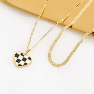 Double-layer gold heart necklace with checkerboard enamel pendant and flat snake chain
