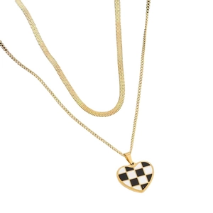 Double-layered gold necklace featuring a flat snake chain and checkered heart pendant