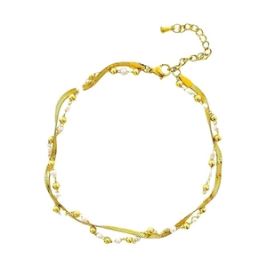 Tobillera de titanio dorado de doble capa con perlas blancas y cadena de serpiente fina