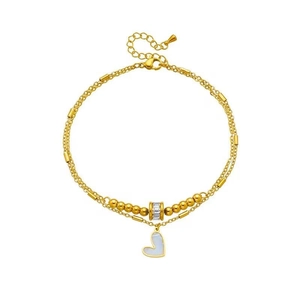 Double-layered gold anklet with heart pendant and zirconia beads in high-quality titanium steel