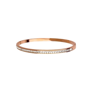 Elegant rose gold titanium steel bracelet with sparkling white zircons on a white background
