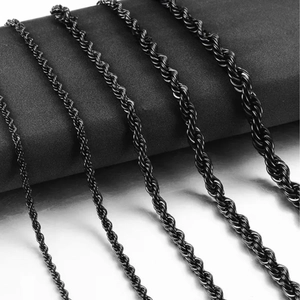 Five assorted widths of black stainless steel rope chains displayed on jewelry stand