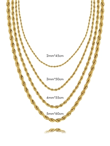 Gold plated stainless steel rope chain necklaces in 2mm to 5mm widths and various lengths