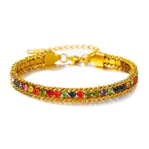 Bracciale a doppia catena cubana in acciaio inossidabile dorato con zirconi colorati