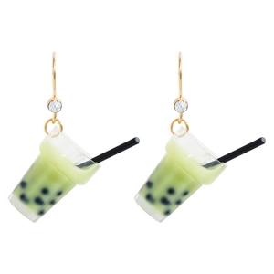 Cute green matcha milk tea cup earrings with black pearls and gold hooks for women