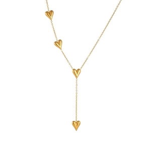Elegant gold titanium heart tassel necklace with four 3D heart charms on a Y-chain link