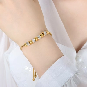 Pulsera de Acero Inoxidable Estilo Palacio Francés Cuenta Redonda Strass Hebilla Deslizante Ajustable Joyería para Mujer