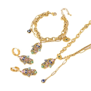 Vintage Hamsa Hand and Evil Eye gold plated stainless steel jewelry set for women