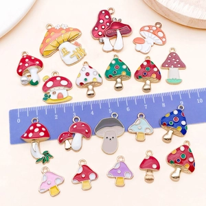 Mix of colorful mushroom enamel charms and house-shaped alloy pendants for DIY jewelry