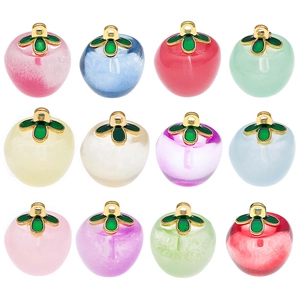 Set of 12 colorful resin apple clover pendants with gold-plated leaf caps for DIY jewelry