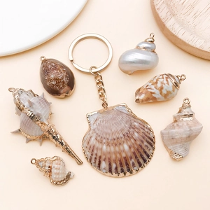 Détail macro de pendentifs en coquillage naturel doré pour la création de bijoux DIY