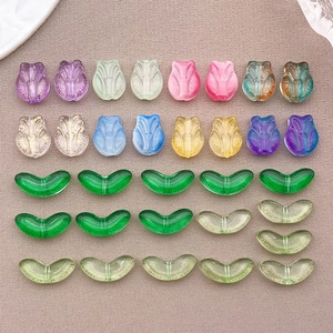Perles en Verre de Lampe Faites à la Main Breloques Fleur de Tulipe et Feuille pour Création Bijoux DIY Bracelet Collier