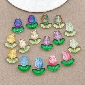 Perles de tulipe en verre coloré pour bijoux DIY avec bases de feuilles vertes en 8 tons