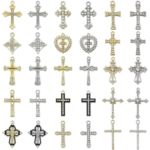 Vintage Alloy Rhinestone Cross Heart Pendant Enamel Hollow Design DIY Jewelry Findings Accessories For Necklace Making