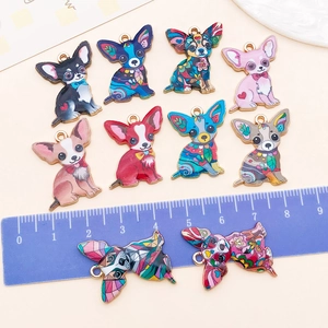 DIY jewelry set featuring ten enamel Chihuahua dog charms with colorful floral patterns