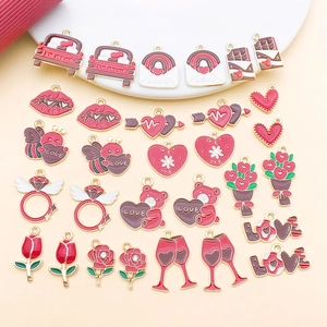 Valentine DIY alloy charms with red enamel heart, rose and wine glass shapes
