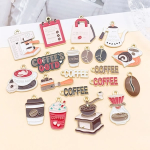 Assorted coffee theme alloy enamel pendants including machine and bean shapes