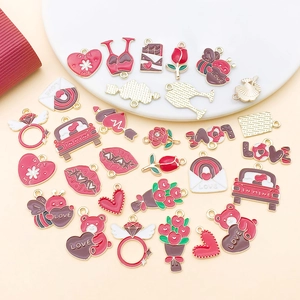 DIY Valentine charms collection with red heart, wine glass and rose for jewelry making