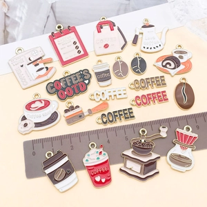 Various coffee theme enamel alloy pendants including machines, beans and pots for DIY jewelry