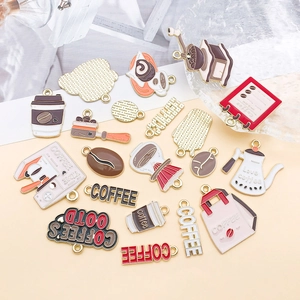 Detailed collection of coffee-themed enamel charms including coffee machine and beans