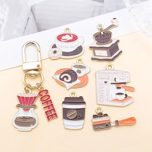 Detailed set of colorful alloy coffee charms featuring grinders, cups and pots