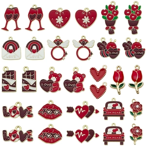Vintage Alloy Enamel Heart Charms For DIY Jewelry Making Valentine's Day Rose Bear Wine Glass Ring Lip Pendant For Women