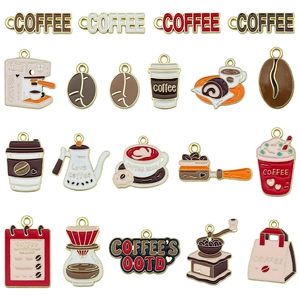Set of 19 assorted coffee themed enamel alloy charms featuring coffee machines and beans