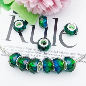Detail of faceted gradient beads in green and blue with silver core for DIY jewelry
