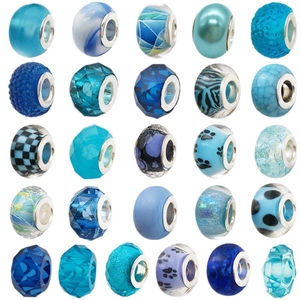 Lot de perles en résine bleue à gros trous avec divers motifs pour la création de bijoux