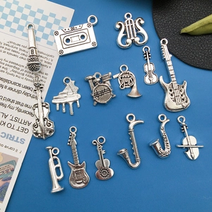 Antique Silver Alloy Musical Instrument Pendants Retro Guitar Piano Saxophone Charms For DIY Jewelry Making Accessories