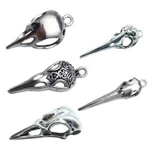 Five assorted vintage bird skull pendants in antique silver zinc alloy for jewelry making