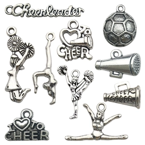 Lot de 10 breloques de pom-pom girl en argent vieilli avec filles, mégaphones et icônes