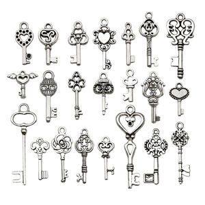 21pcs vintage silver alloy key charms set with heart and crown designs for DIY jewelry