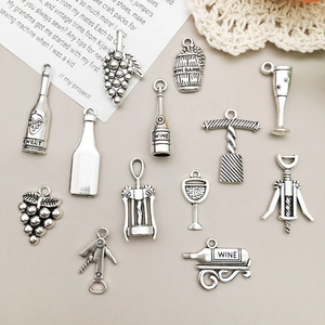 Antique silver wine theme charms collection including wine bottles and glasses for DIY jewelry